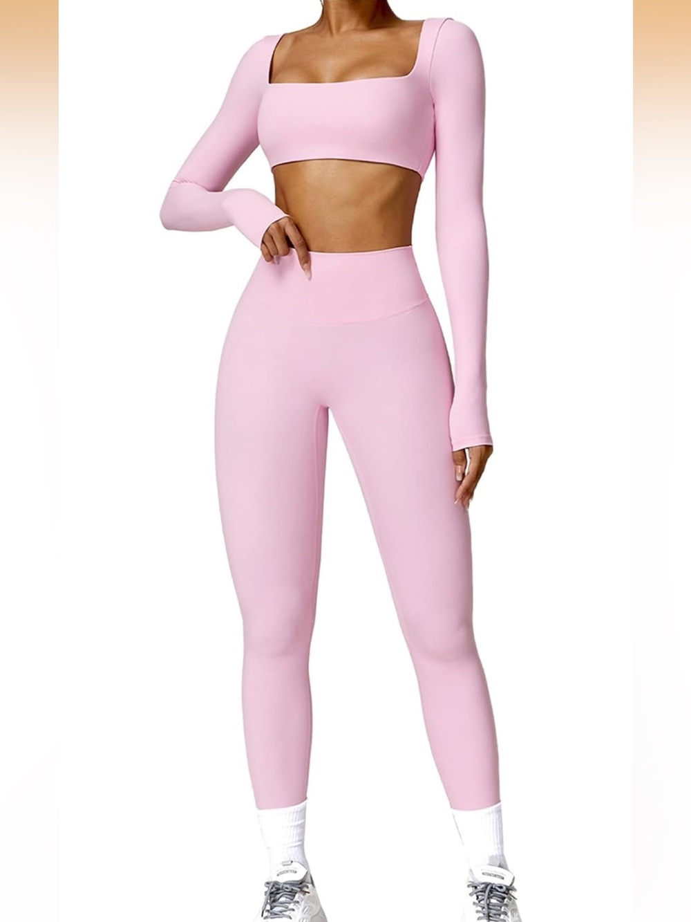 High-Waist Pink Active Leggings and Long Sleeve Cropped Top